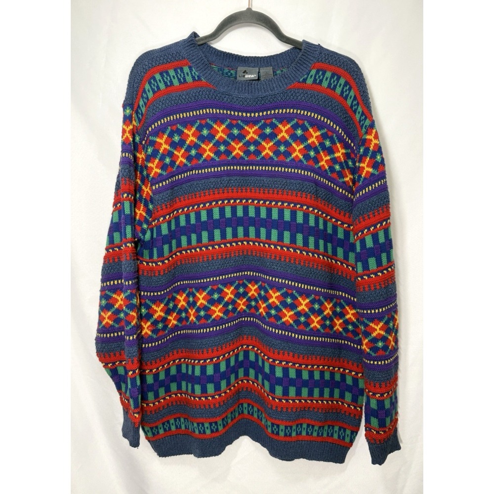 VTG 90s Liz Wear Multicolor Pattern Sweater Womens Size L Made in USA Cotton